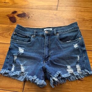 STS Blue Layne High rise Distressed Dark Blue Denim Shorts with Frayed Hemlock